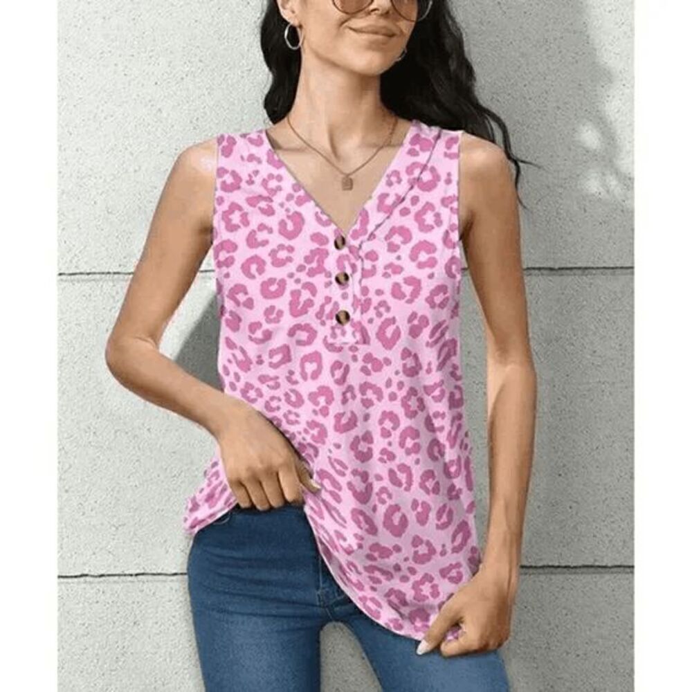 Pink Leopard Button-Front V-neck Tank Top L